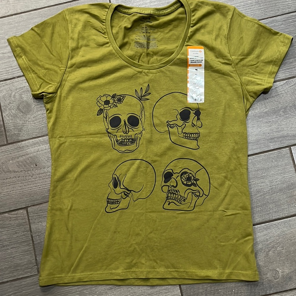 Celebrate It Olive Green Short Sleeve Tee with Black Skull Graphic